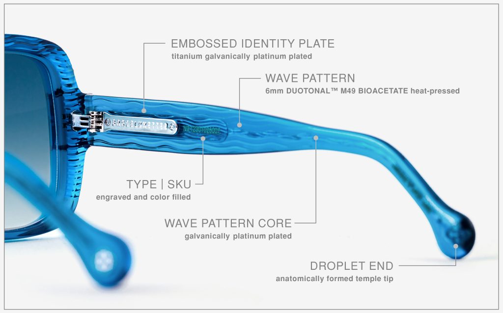 Luxury Japanese eyewear – Bellesguard Cerulean Clarity logo plate close-up, Platinum plating.