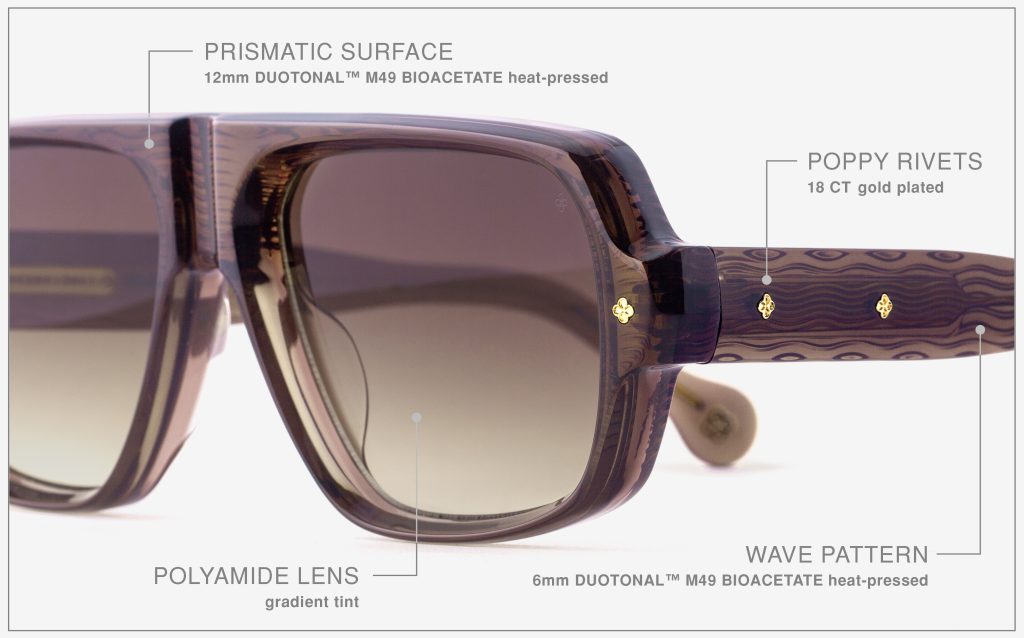 Luxury Japanese eyewear – Bogatell Barista Reverie sunglasses, 18ct Gold plating, details ZOOM (temple/hinge close‑up).