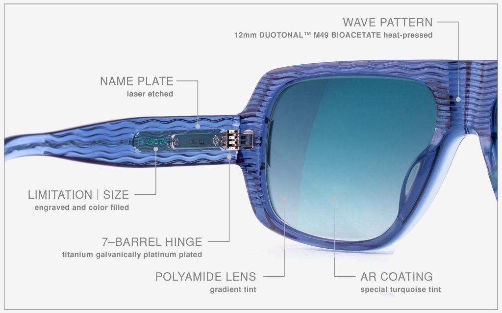 Luxury Japanese eyewear – Bogatell Denim Drift sunglasses, Platinum plating, name plate ZOOM detail (close‑up).
