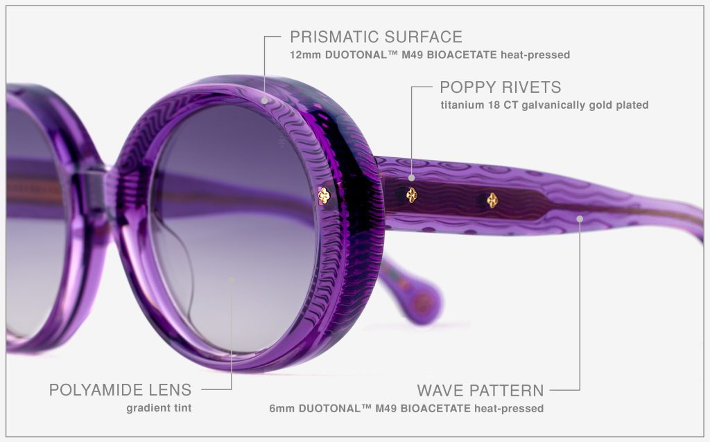 Luxury Japanese eyewear – La Pedrera Amethyst Dream frame detail close-up, hinge and temple with 18ct Gold plating