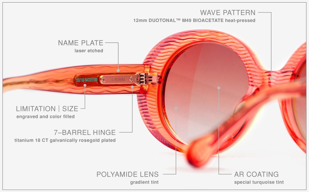Luxury Japanese eyewear – La Pedrera Seashell Mirage arm detail close-up, name plate with 18ct Rosegold plating