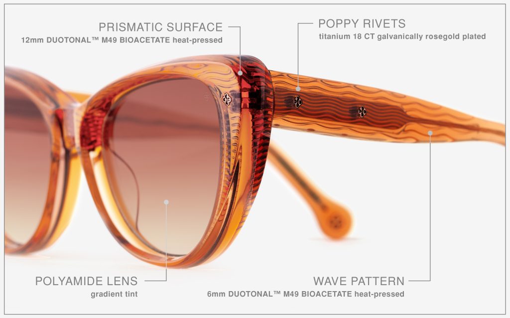 Luxury Japanese eyewear – Les Punxes Terra Dorada, 18K Rose Gold plating, Amber Meld lenses, Filter Category 2, close-up of detailed acetate texture and hardware
