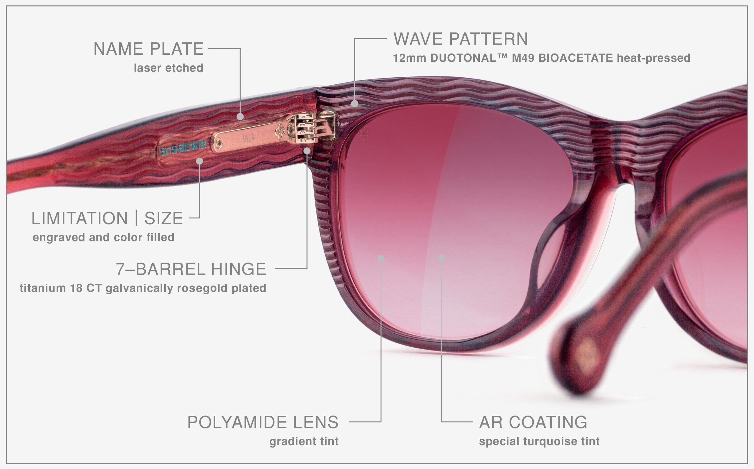 Luxury Japanese eyewear – Mila Elderberry Serenade sunglasses, acetate in Elderberry Serenade, Scarlet Blush lenses, 18ct Rosegold plating, Filter Category 1, name plate zoom.