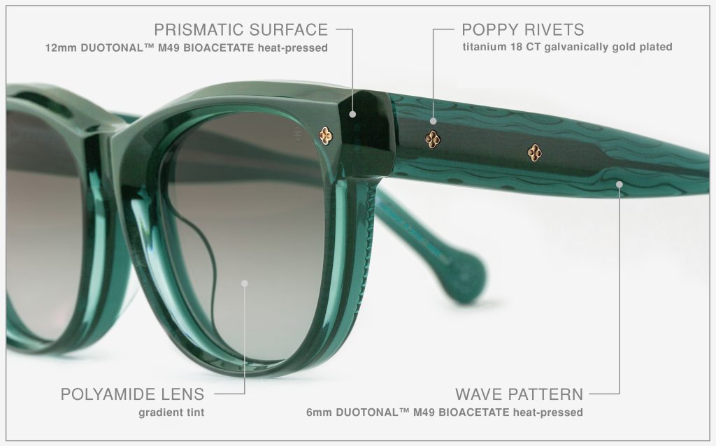 Luxury Japanese eyewear – Mila Herb Garden sunglasses, acetate in Herb Garden, Foliage Shade lenses, 18ct Gold plating, Filter Category 2, details zoom.