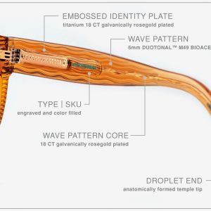 Luxury Japanese eyewear – Mila Terra Dorada sunglasses, acetate in Terra Dorada, Amber Meld lenses, 18ct Rosegold plating, Filter Category 2, logo plate zoom.