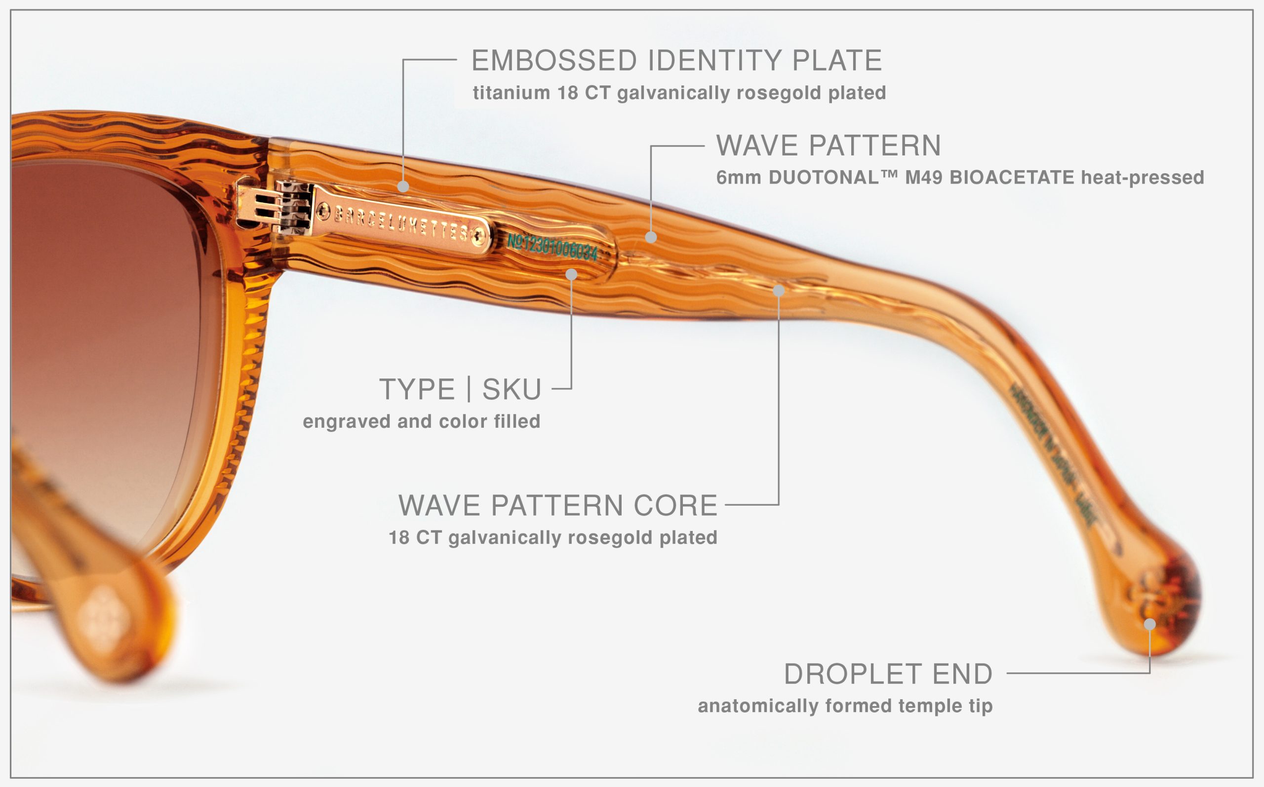 Luxury Japanese eyewear – Mila Terra Dorada sunglasses, acetate in Terra Dorada, Amber Meld lenses, 18ct Rosegold plating, Filter Category 2, logo plate zoom.