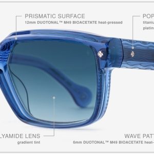 Luxury Japanese eyewear – Tres Dragons Denim Drift sunglasses, acetate in Denim Drift, Platinum plating, macro frame construction detail.