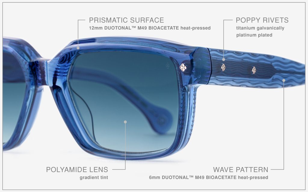 Luxury Japanese eyewear – Tres Dragons Denim Drift sunglasses, acetate in Denim Drift, Platinum plating, macro frame construction detail.