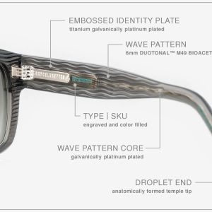 Luxury Japanese eyewear – Tres Dragons Glacial Mirage sunglasses, acetate in Glacial Mirage, Platinum plating, macro engraved logo‑plate detai