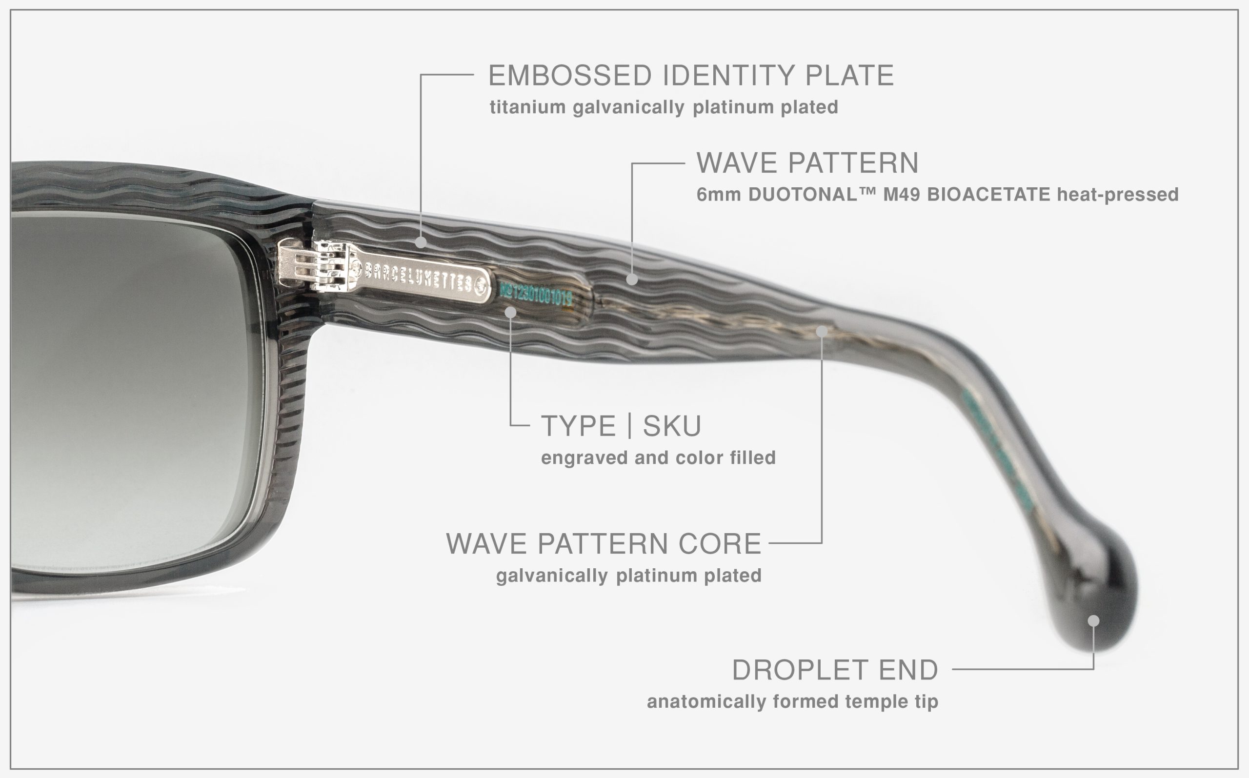 Luxury Japanese eyewear – Tres Dragons Glacial Mirage sunglasses, acetate in Glacial Mirage, Platinum plating, macro engraved logo‑plate detai