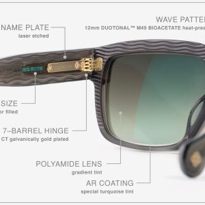 Luxury Japanese eyewear – Tres Dragons Slate Fusion sunglasses, acetate in Slate Fusion, 18K Gold plating, macro engraved name‑plate detail.