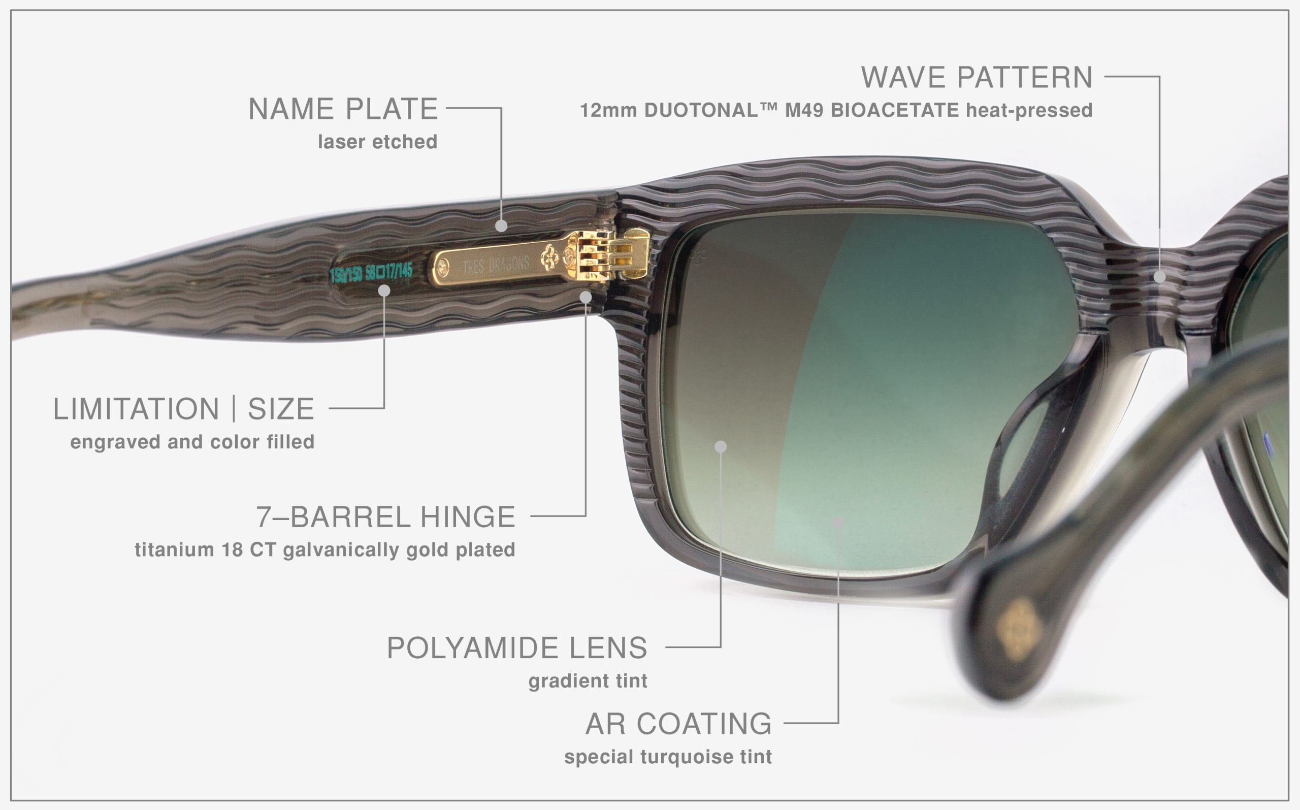 Luxury Japanese eyewear – Tres Dragons Slate Fusion sunglasses, acetate in Slate Fusion, 18K Gold plating, macro engraved name‑plate detail.