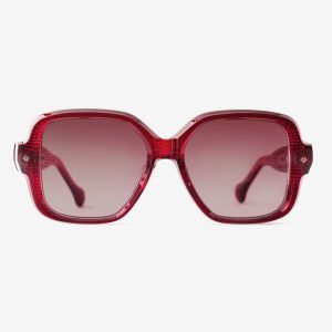 Japanese acetate butterfly sunglasses – Bellesguard Bursting Berries sunglasses, acetate in Bursting Berries, Scarlet Blush lenses, 18ct Rosegold plating, Filter Category 1, front view.