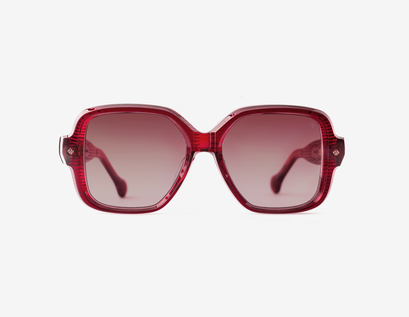 Japanese acetate butterfly sunglasses – Bellesguard Bursting Berries sunglasses, acetate in Bursting Berries, Scarlet Blush lenses, 18ct Rosegold plating, Filter Category 1, front view.