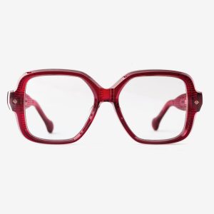 Japanese acetate butterfly optical frame – Bellesguard Bursting Berries optical frame (RX), acetate in Bursting Berries, 18ct Rosegold plating, front view.