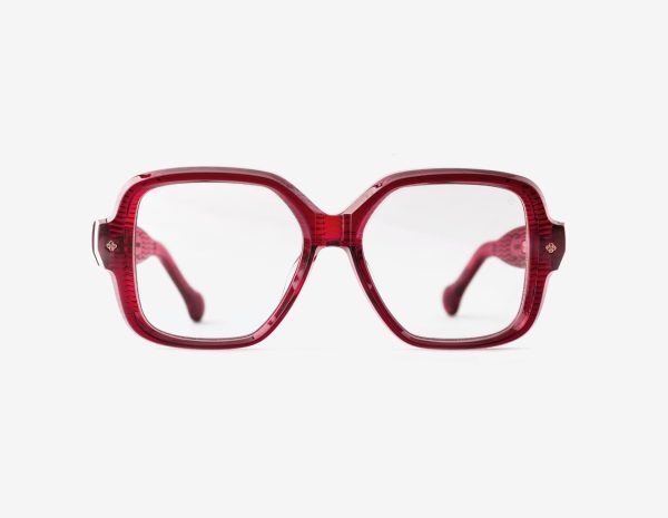 Japanese acetate butterfly optical frame – Bellesguard Bursting Berries optical frame (RX), acetate in Bursting Berries, 18ct Rosegold plating, front view.