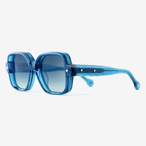 Luxury Japanese eyewear – Bellesguard Cerulean Clarity sunglasses, acetate in Cerulean Clarity, Sea Fusion lenses, Platinum plating, Filter Category 2, left view.