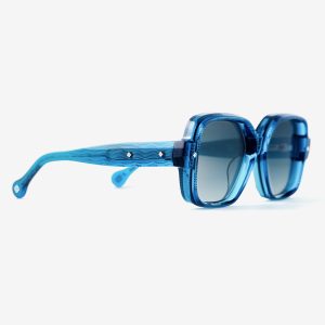 Luxury Japanese eyewear – Bellesguard Cerulean Clarity sunglasses, acetate in Cerulean Clarity, Sea Fusion lenses, Platinum plating, Filter Category 2, right view.