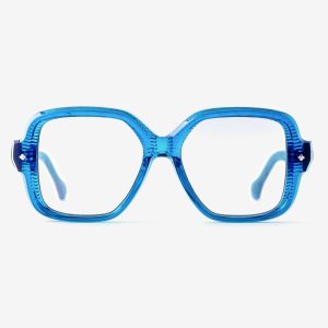 Luxury Japanese eyewear – Bellesguard Cerulean Clarity optical frame (RX), acetate in Cerulean Clarity, Platinum plating, front view.