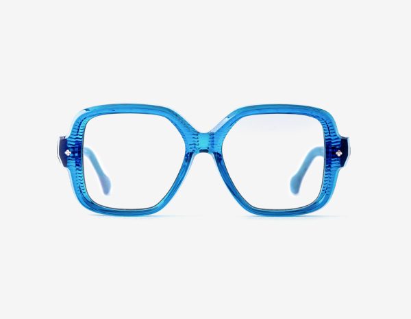 Luxury Japanese eyewear – Bellesguard Cerulean Clarity optical frame (RX), acetate in Cerulean Clarity, Platinum plating, front view.