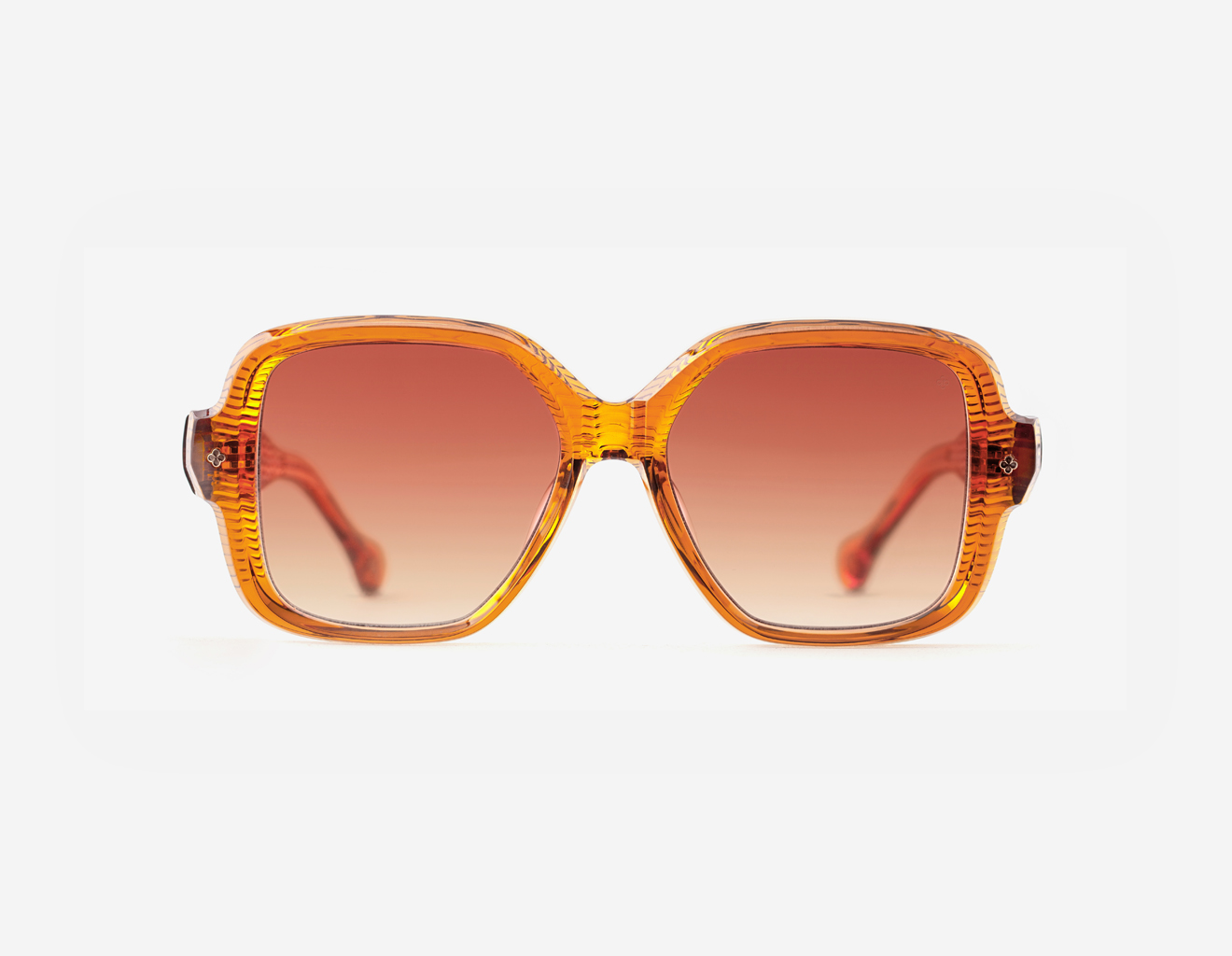 Luxury Japanese eyewear – Bellesguard Terra Dorada sunglasses, acetate in Terra Dorada, Amber Meld lenses, 18ct Gold plating, Filter Category 2, front view.