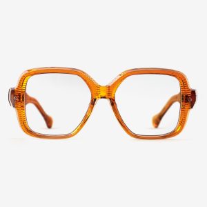 Luxury Japanese eyewear – Bellesguard Terra Dorada optical frame (RX), acetate in Terra Dorada, Amber Meld lenses, 18ct Gold plating, front view