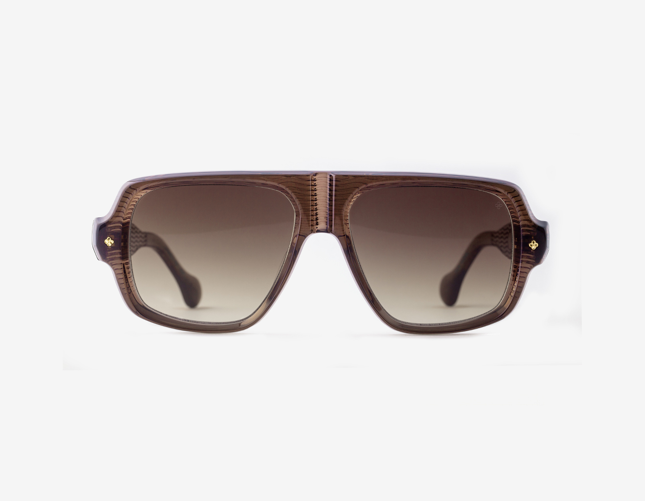 Luxury Japanese eyewear – Bogatell Barista Reverie sunglasses, acetate in Barista Reverie, 18ct Gold plating, Espresso Blend lenses, Filter 3, front view.