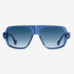 Luxury Japanese eyewear – Bogatell Denim Drift sunglasses, acetate in Denim Drift, Platinum plating, Deep Sea Fusion lenses, Filter 2, front view.