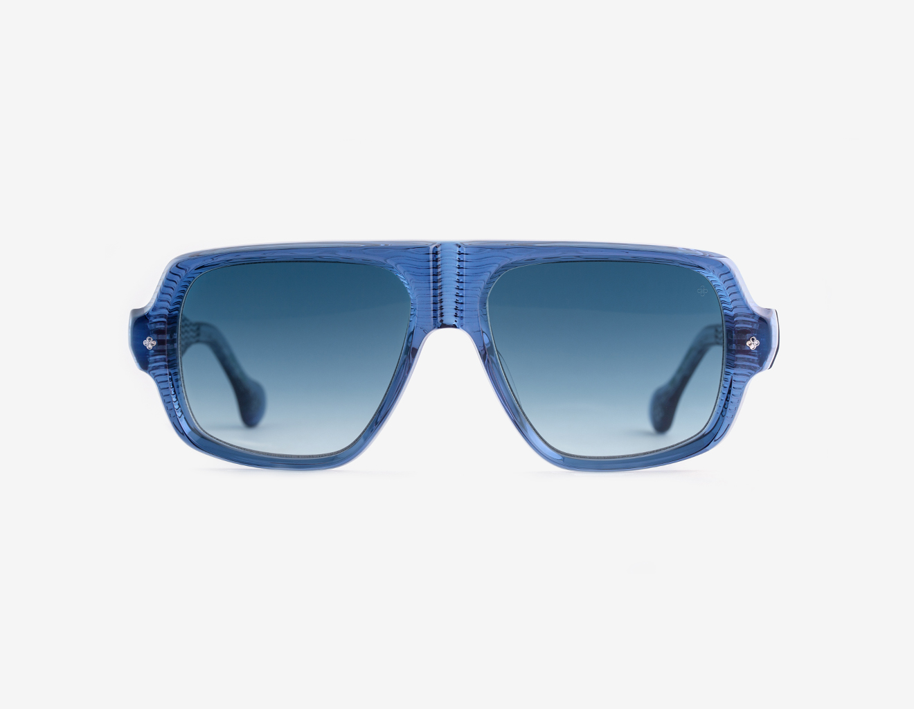 Luxury Japanese eyewear – Bogatell Denim Drift sunglasses, acetate in Denim Drift, Platinum plating, Deep Sea Fusion lenses, Filter 2, front view.