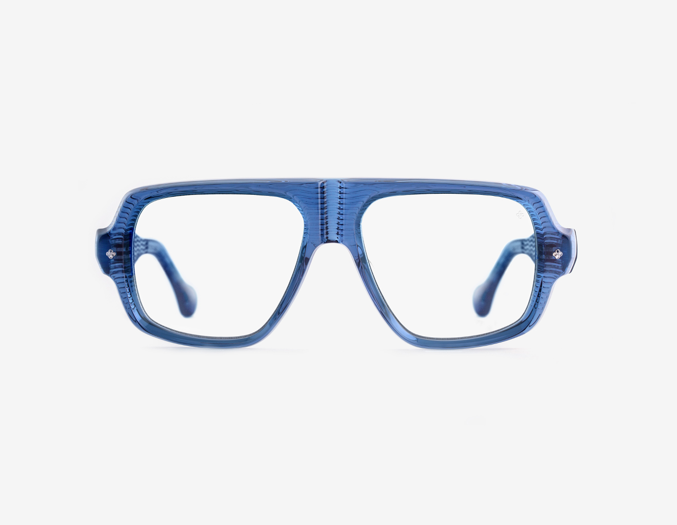 Luxury Japanese eyewear – Bogatell Denim Drift optical frame (RX), acetate in Denim Drift, Platinum plating, front view.