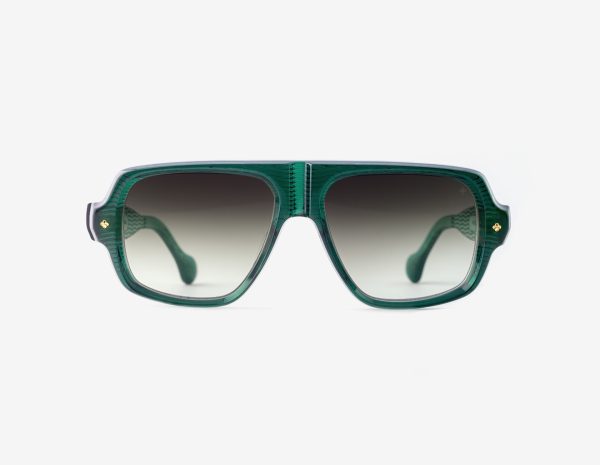 bogatell-japanese-acetate-aviator-sunglasses– Bogatell Herb Garden sunglasses, acetate in Herb Garden, 18ct Gold plating, Foliage Shade lenses, Filter 2, front view.