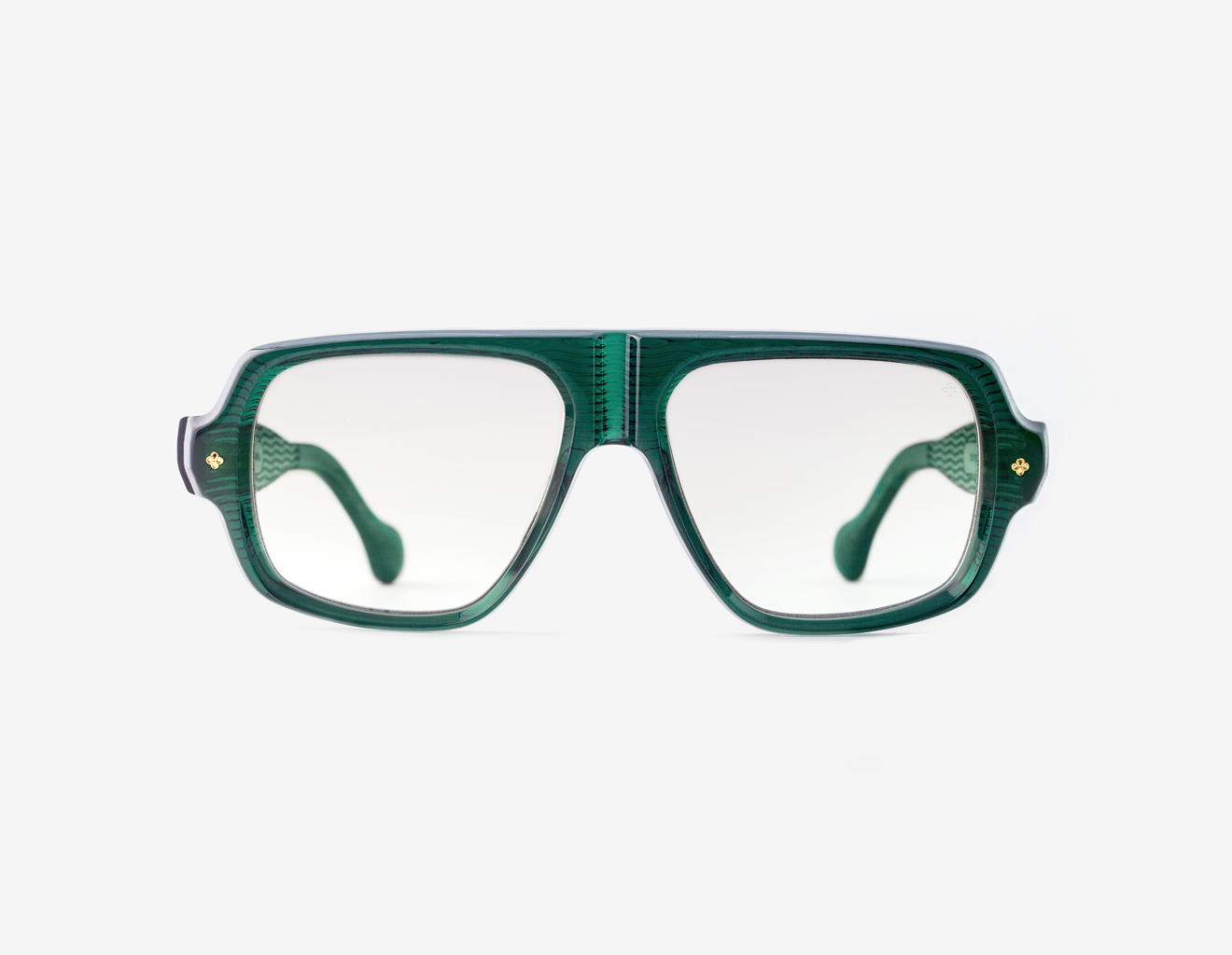 Luxury Japanese eyewear – Bogatell Herb Garden optical frame (RX), acetate in Herb Garden, 18ct Gold plating, front view.