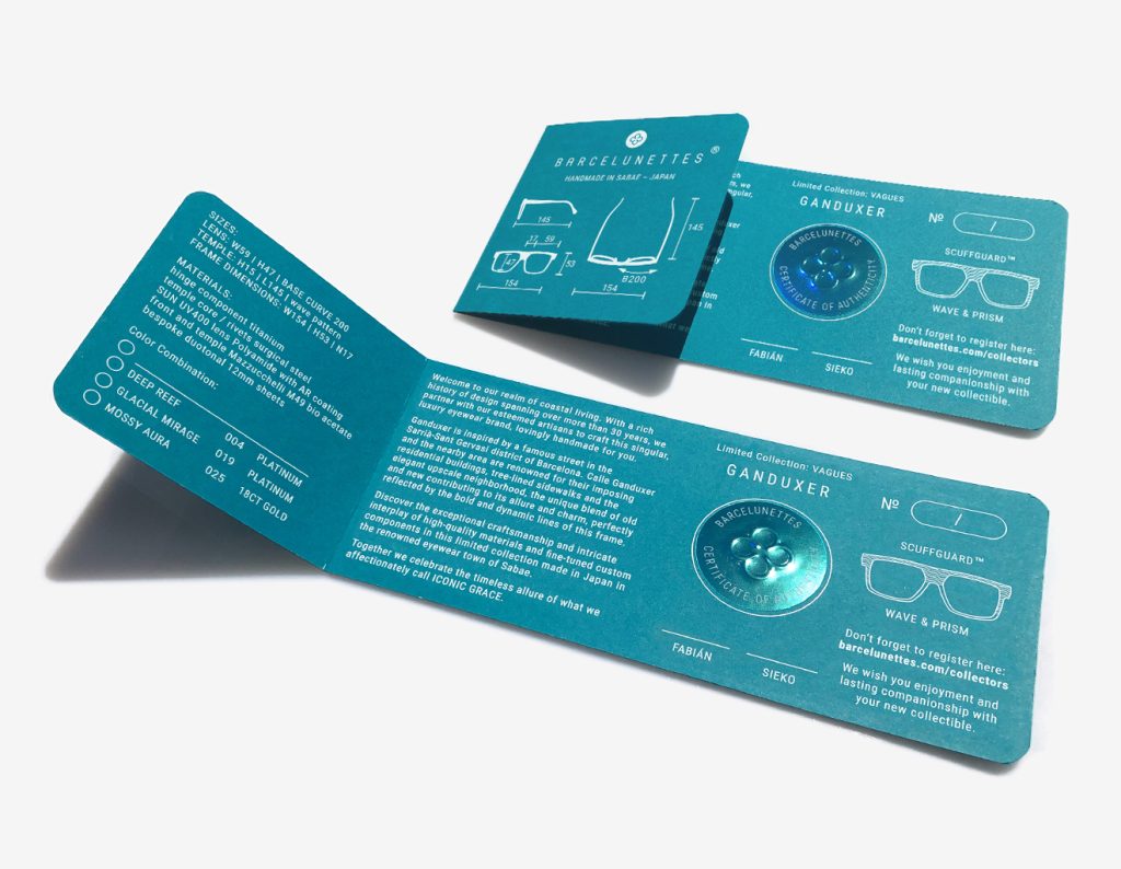 Luxury Japanese eyewear – Ganduxer certificate of authenticity, Barcelunettes embossed logo, holographic security sticker, and co-founder signatures