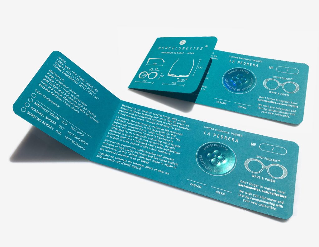 Luxury Japanese eyewear – La Pedrera certificate of authenticity, Barcelunettes embossed logo, holographic security sticker, and co-founder signatures