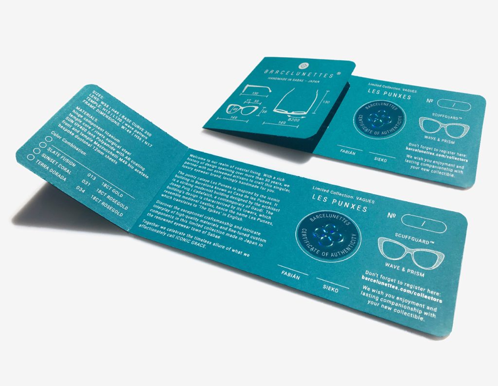 Luxury Japanese eyewear – Les Punxes certificate of authenticity, Barcelunettes embossed logo, holographic security sticker, and co-founder signatures