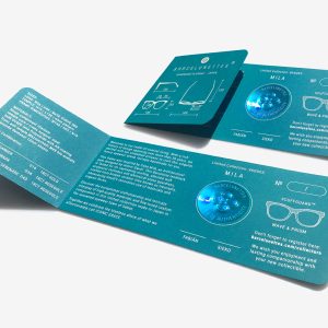 Luxury Japanese eyewear – Mila certificate of authenticity, Barcelunettes embossed logo, holographic security sticker, co-founder signatures.