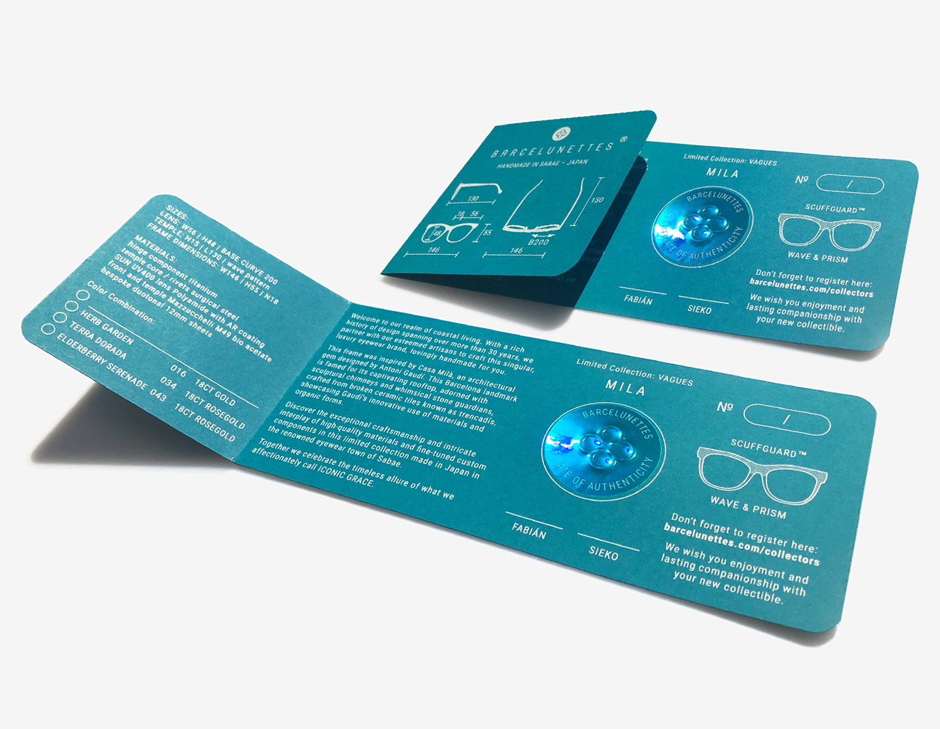 Luxury Japanese eyewear – Mila certificate of authenticity, Barcelunettes embossed logo, holographic security sticker, co-founder signatures.