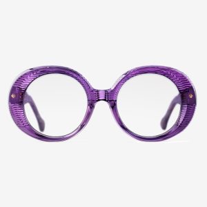 Luxury Japanese eyewear – La Pedrera Amethyst Dream optical frame (RX), acetate in Amethyst Dream, 18ct Gold plating, front view Luxury Japanese eyewear – La Pedrera Amethyst Dream optical frame (RX), acetate in Amethyst Dream, 18ct Gold plating, front view