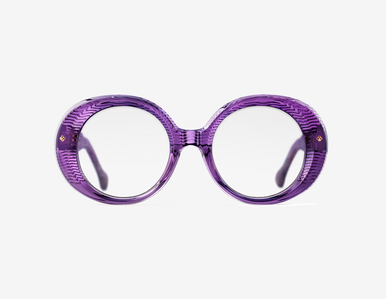 Luxury Japanese eyewear – La Pedrera Amethyst Dream optical frame (RX), acetate in Amethyst Dream, 18ct Gold plating, front view Luxury Japanese eyewear – La Pedrera Amethyst Dream optical frame (RX), acetate in Amethyst Dream, 18ct Gold plating, front view