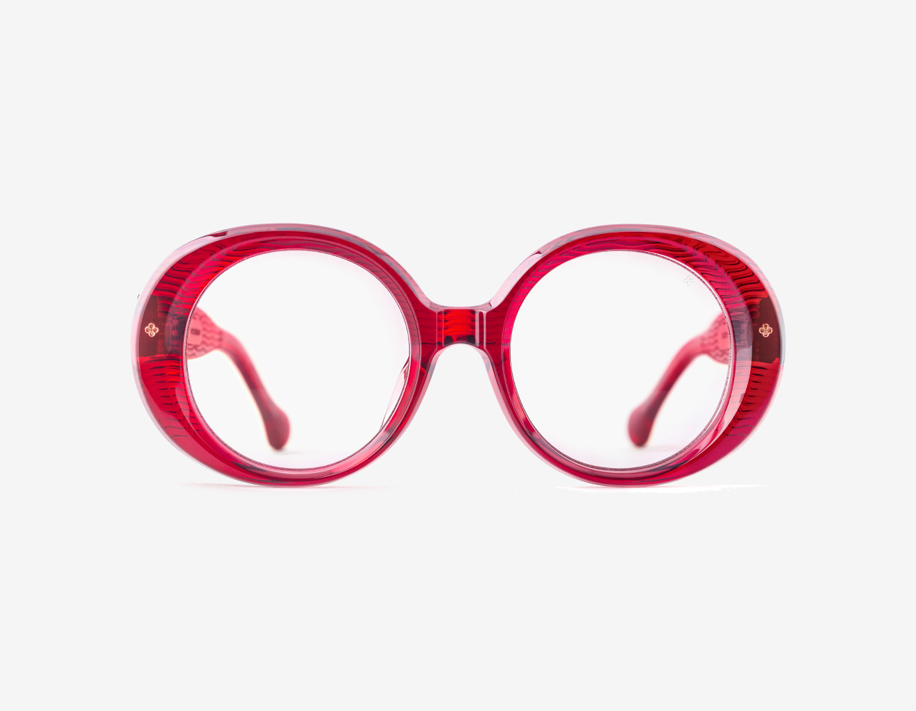 Luxury Japanese eyewear – La Pedrera Bursting Berries optical frame, front view, 18ct Rosegold plating Luxury Japanese eyewear – La Pedrera Bursting Berries optical frame, front view, 18ct Rosegold plating