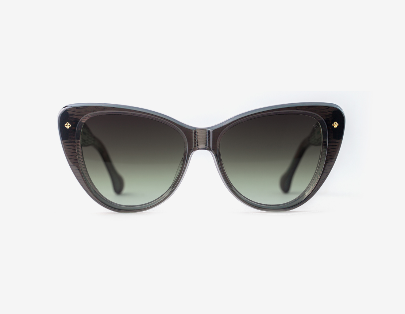 luxury Japanese cat-eye sunglasses – Les Punxes Slate Fusion sunglasses, acetate in Slate Fusion, Foliage Shade lenses with 18K Gold plating, Filter Category 2, front view