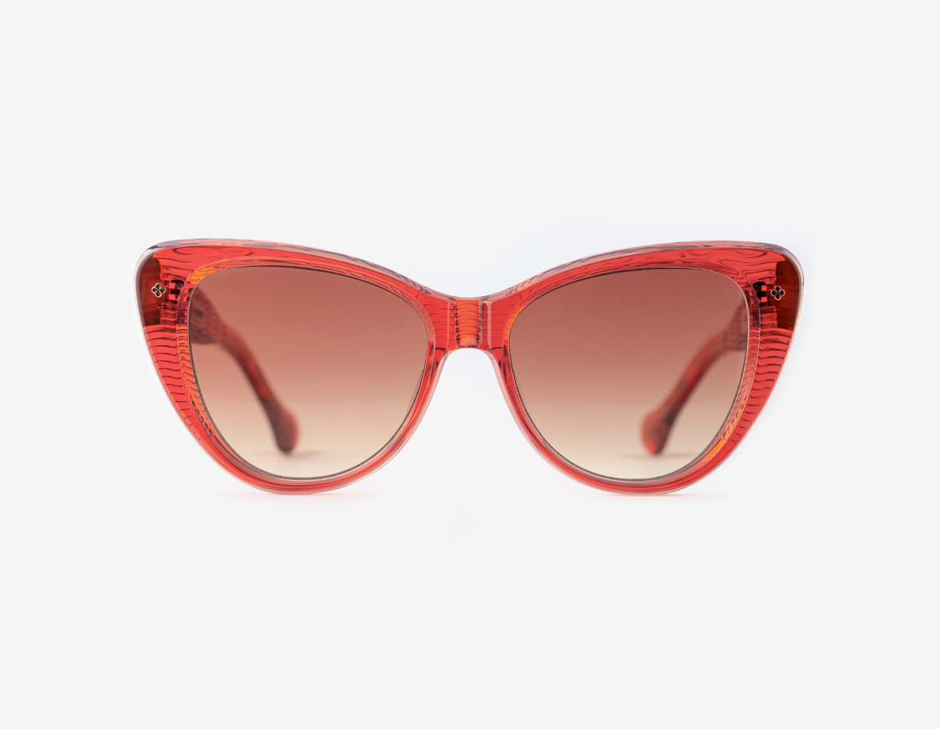 Luxury Japanese eyewear – Les Punxes Sunset Coral sunglasses, acetate in Sunset Coral, Amber Meld lenses with 18K Rose Gold plating, Filter Category 2, front view