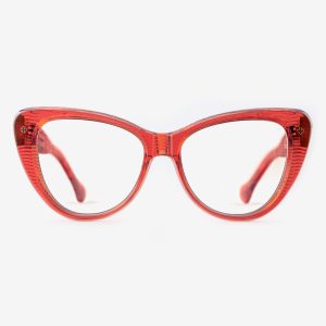 Luxury Japanese eyewear – Les Punxes Sunset Coral optical eyeglasses, acetate in Sunset Coral, optical clear demo lenses (no filter), 18K Rose Gold plating, front view Luxury Japanese eyewear – Les Punxes Sunset Coral optical eyeglasses, acetate in Sunset Coral, optical clear demo lenses (no filter), 18K Rose Gold plating, front view