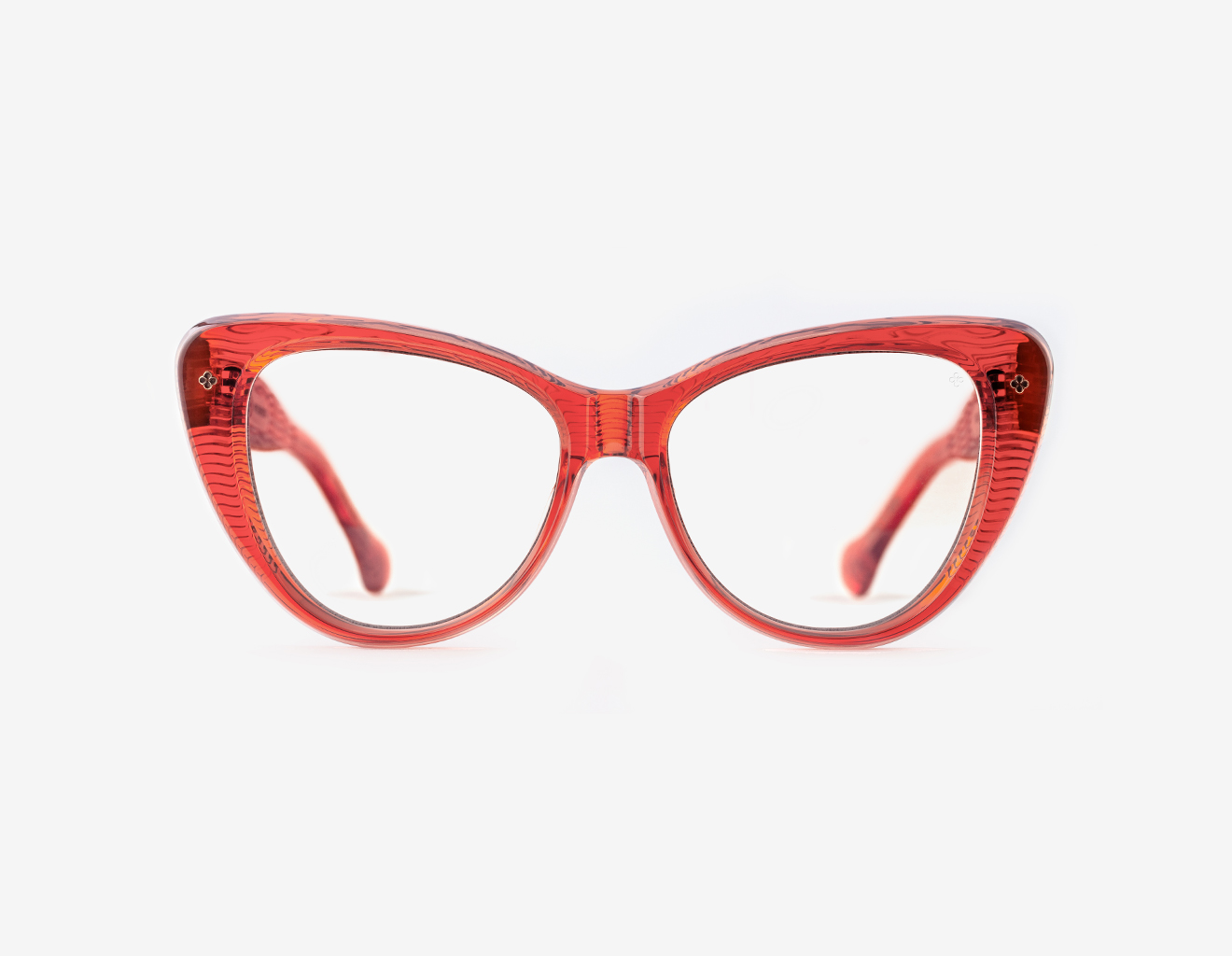 Luxury Japanese eyewear – Les Punxes Sunset Coral optical eyeglasses, acetate in Sunset Coral, optical clear demo lenses (no filter), 18K Rose Gold plating, front view Luxury Japanese eyewear – Les Punxes Sunset Coral optical eyeglasses, acetate in Sunset Coral, optical clear demo lenses (no filter), 18K Rose Gold plating, front view