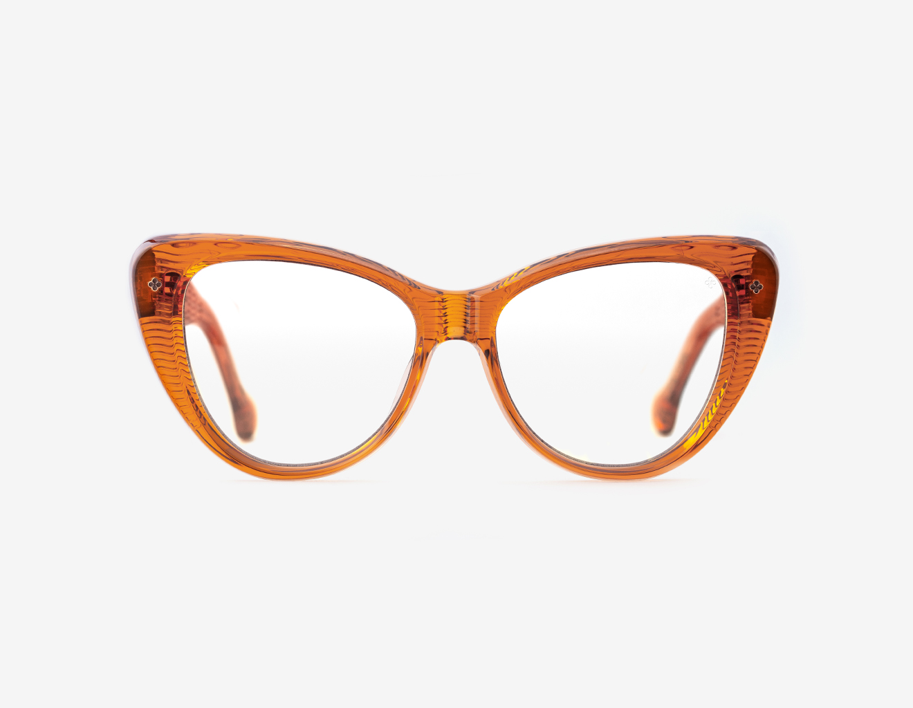 Luxury Japanese eyewear – Les Punxes Terra Dorada optical eyeglasses, acetate in Terra Dorada, optical clear demo lenses (no filter), 18K Rose Gold plating, front view luxury japanese cat-eye optical frames – Les Punxes Terra Dorada optical eyeglasses, acetate in Terra Dorada, optical clear demo lenses (no filter), 18K Rose Gold plating, front view