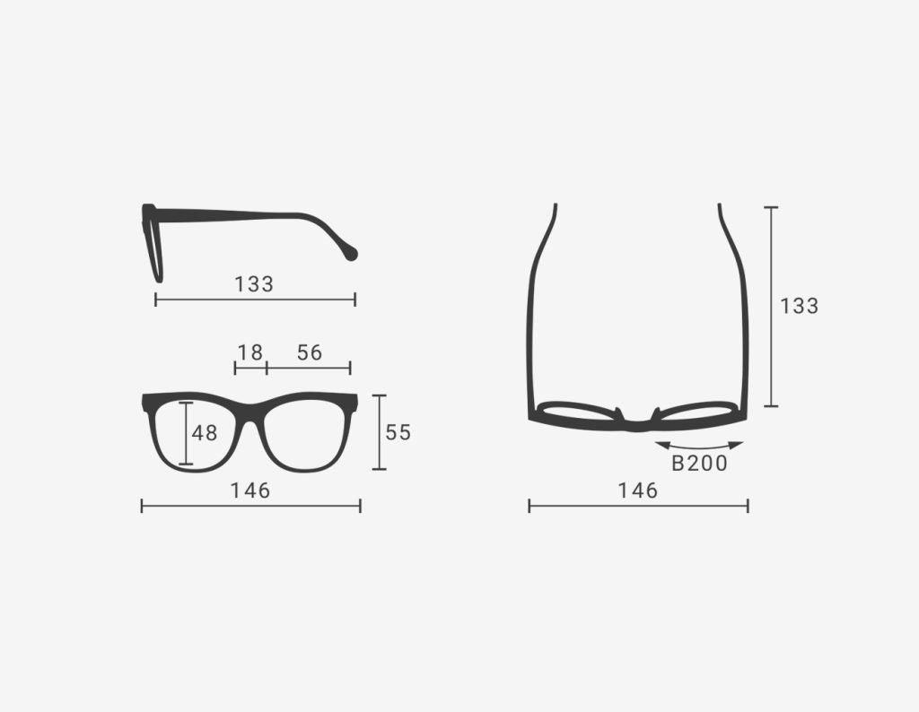 Luxury Japanese eyewear – Mila all color variants – technical dimensions and size guide.