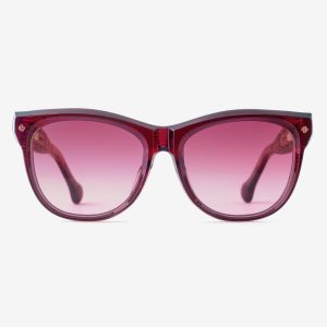 Luxury Japanese eyewear – Mila Elderberry Serenade sunglasses, acetate in Elderberry Serenade, Scarlet Blush lenses, 18ct Rosegold plating, Filter Category 1, front view.