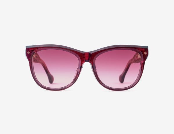 Luxury Japanese eyewear – Mila Elderberry Serenade sunglasses, acetate in Elderberry Serenade, Scarlet Blush lenses, 18ct Rosegold plating, Filter Category 1, front view.