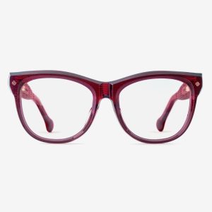 Luxury Japanese eyewear – Mila Elderberry Serenade optical frame (RX), acetate in Elderberry Serenade, 18ct Rosegold plating, front view.
