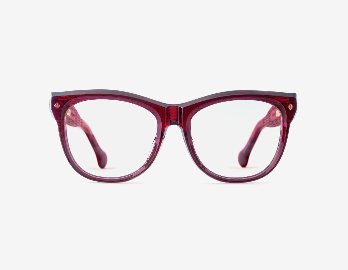 Luxury Japanese eyewear – Mila Elderberry Serenade optical frame (RX), acetate in Elderberry Serenade, 18ct Rosegold plating, front view.